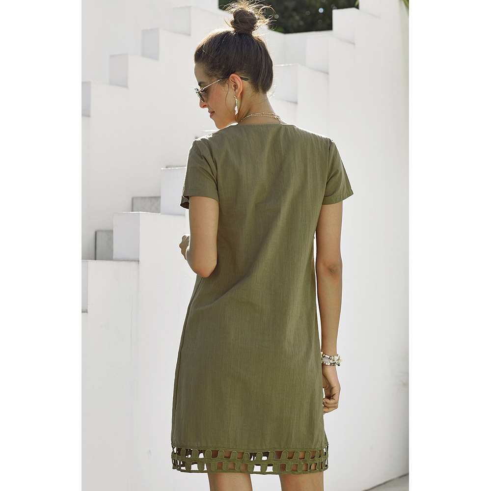 A Line Dress Solid Color V Neck Short Sleeve Hollow Out Design Casual Summer Wear Wholesale Available