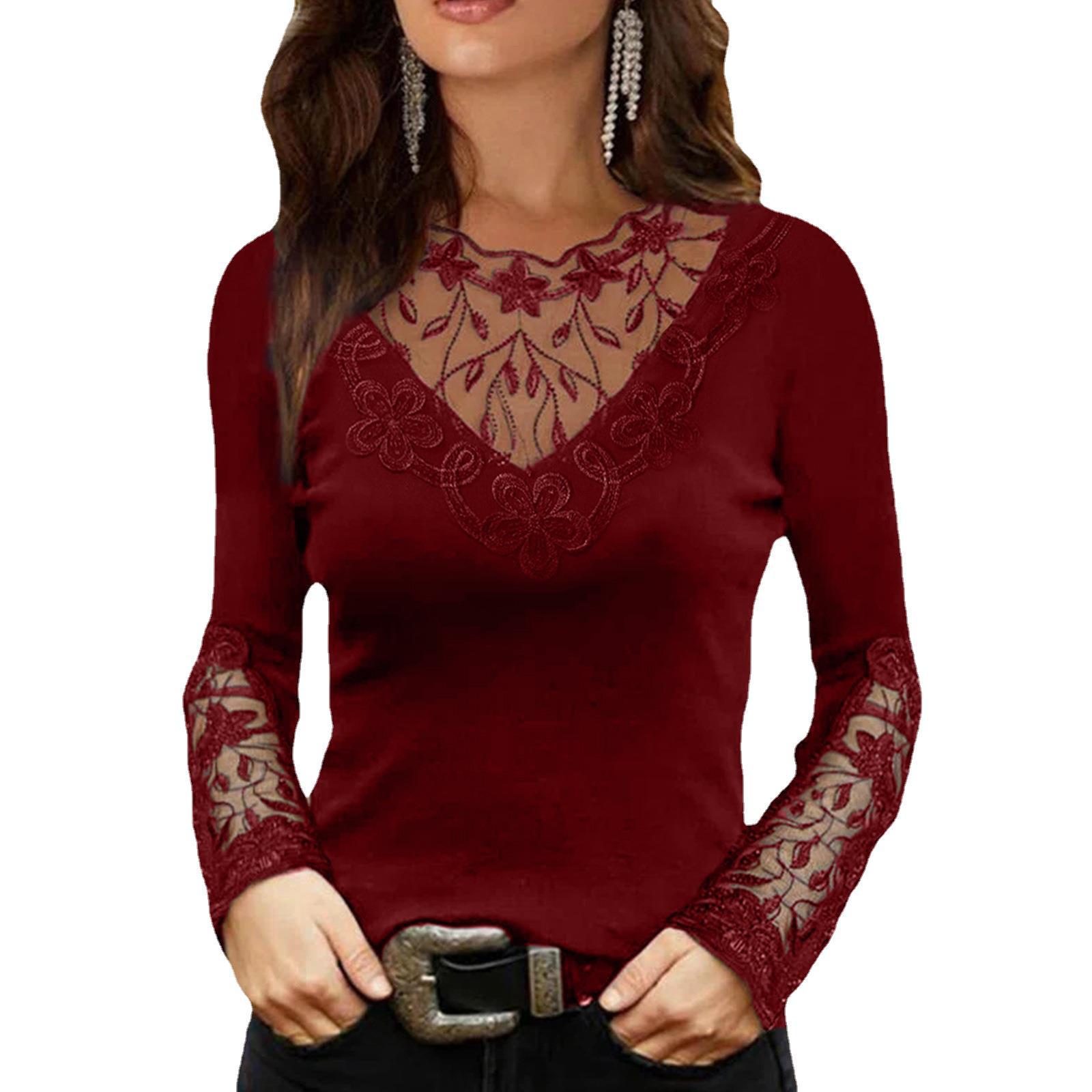 Womens Lace Long Sleeve T Shirt Deep V Neck Floral Trim Slim Fit Spring Fall Fashion Top Wholesale Available