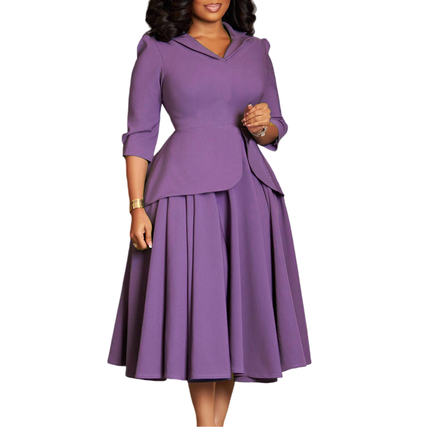 D3351 European and American Foreign Trade Women's Autumn Fashion Three Quarter Sleeve Suit Collar Solid Color Large Skirt Plus Size African Dress