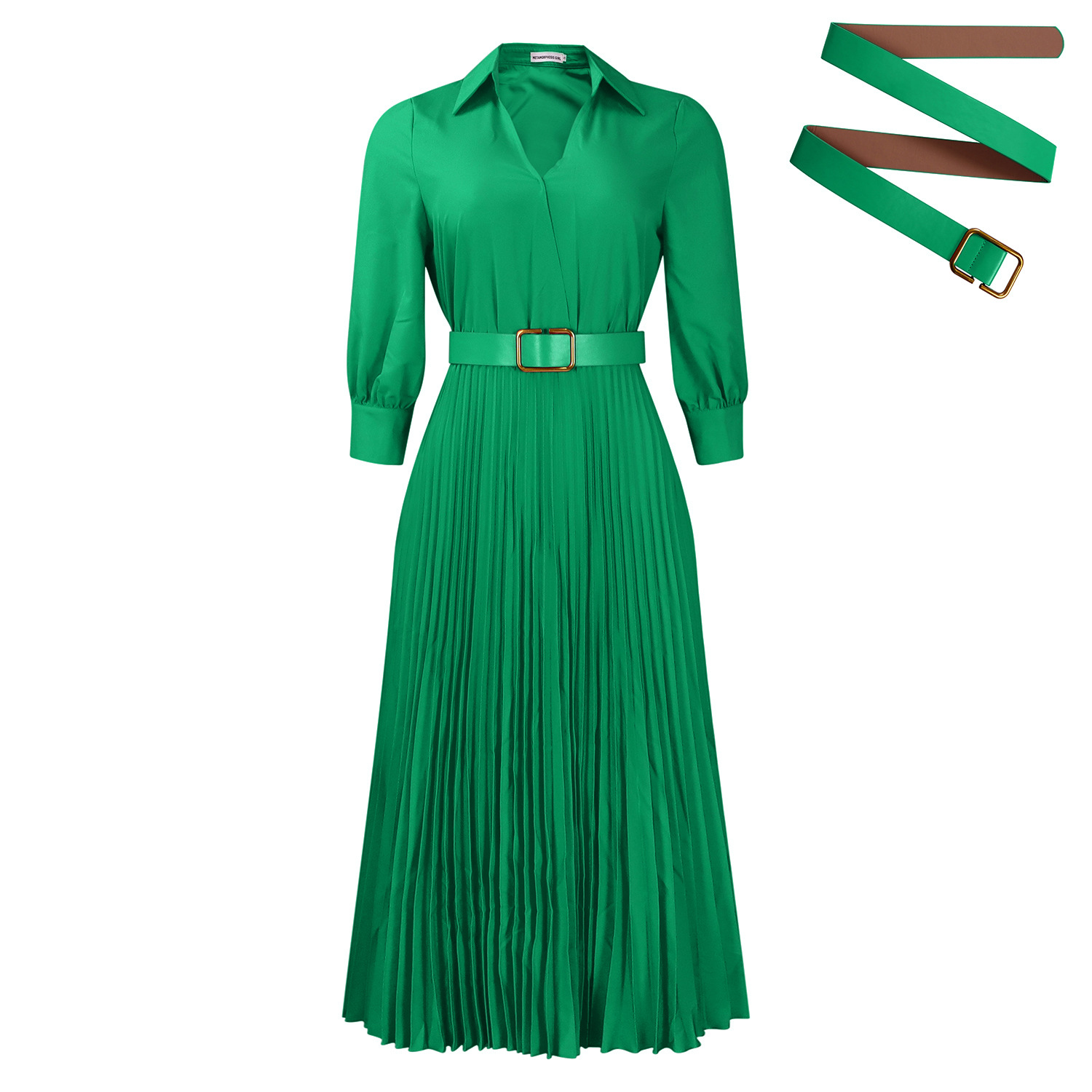 Fashionable V Neck Solid Color Long Sleeve Pleated Maxi Dress for Women, Elegant Spring Collection, Perfect for Casual and For