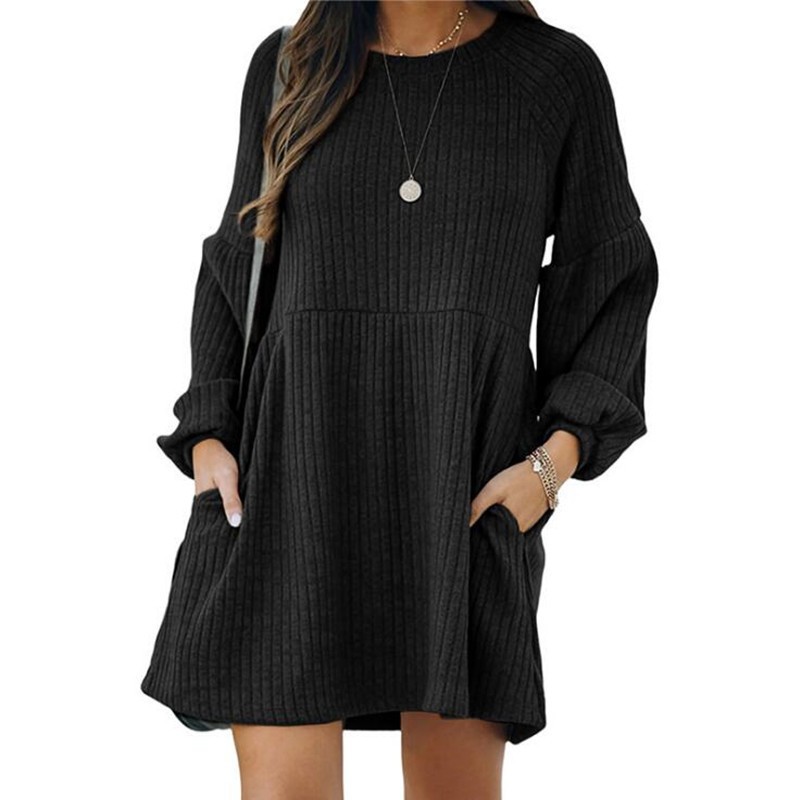Womens Knit Long Sleeve Dress Ribbed Cotton Blend Short Length Autumn Winter Style Wholesale Available