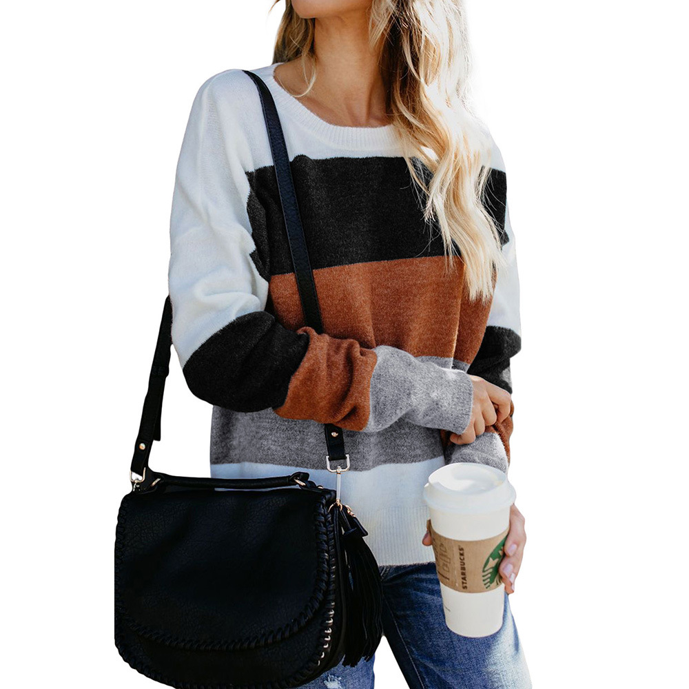Color Block Sweater for Women Round Neck Long Sleeve Knit Fabric Autumn Winter Casual Wear Wholesale Available