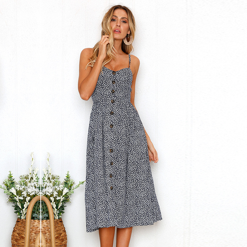 Sunflower Pineapple Print Button Back Sexy Slip Dress 36 Colors 6 Sizes Lightweight Fabric Summer Casual Wear
