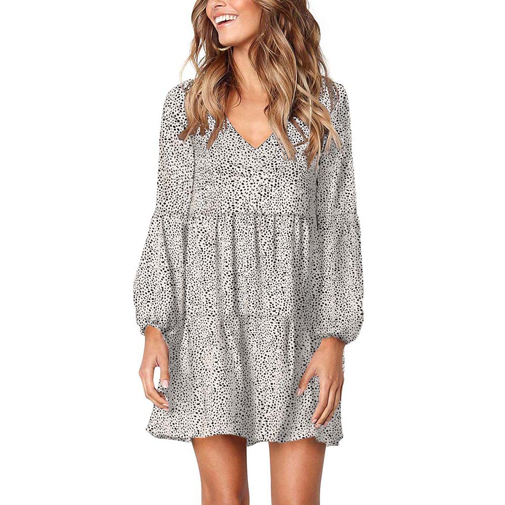 Leopard Print Long Sleeve Knee Length Dress Ruffled Hem Loose Fit Winter Style Wholesale Available