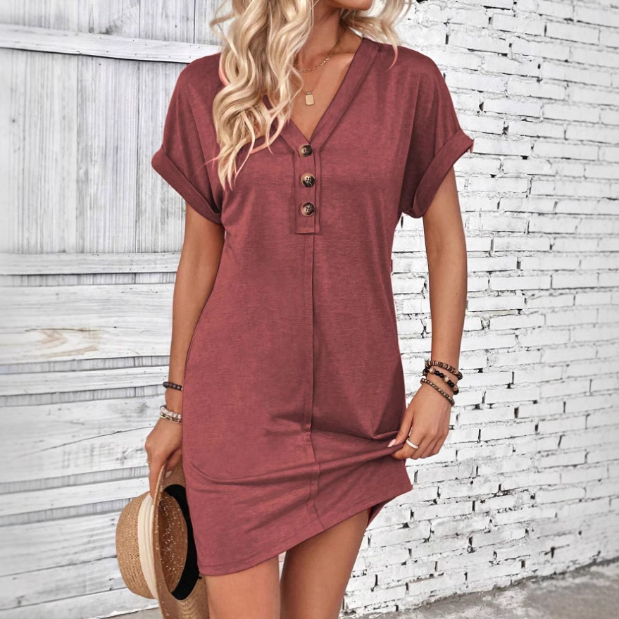 European and American Cross border Summer Women's Fashion Versatile Dress with Buckle, V neck, Ragnared Sleeves, Solid Color Dre