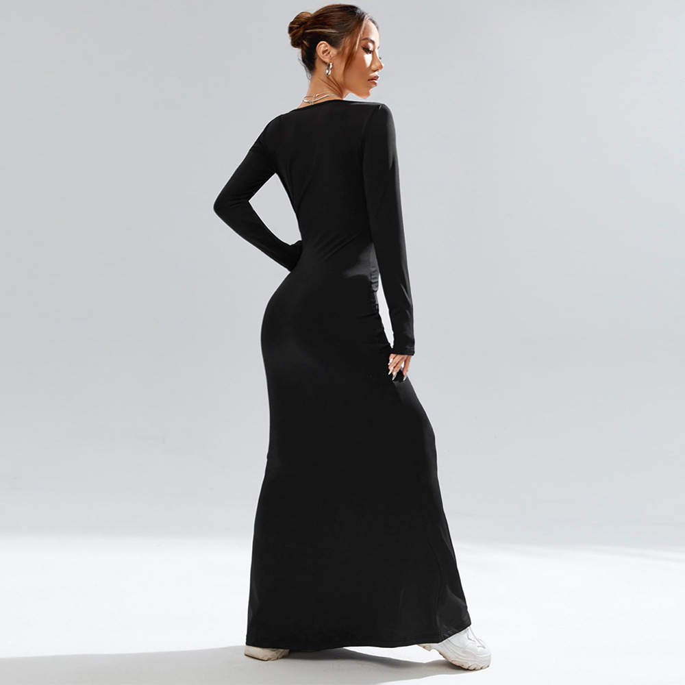 Black Knitted Long Sleeve Bodycon Long Dress with Square Neck for Party and Evening