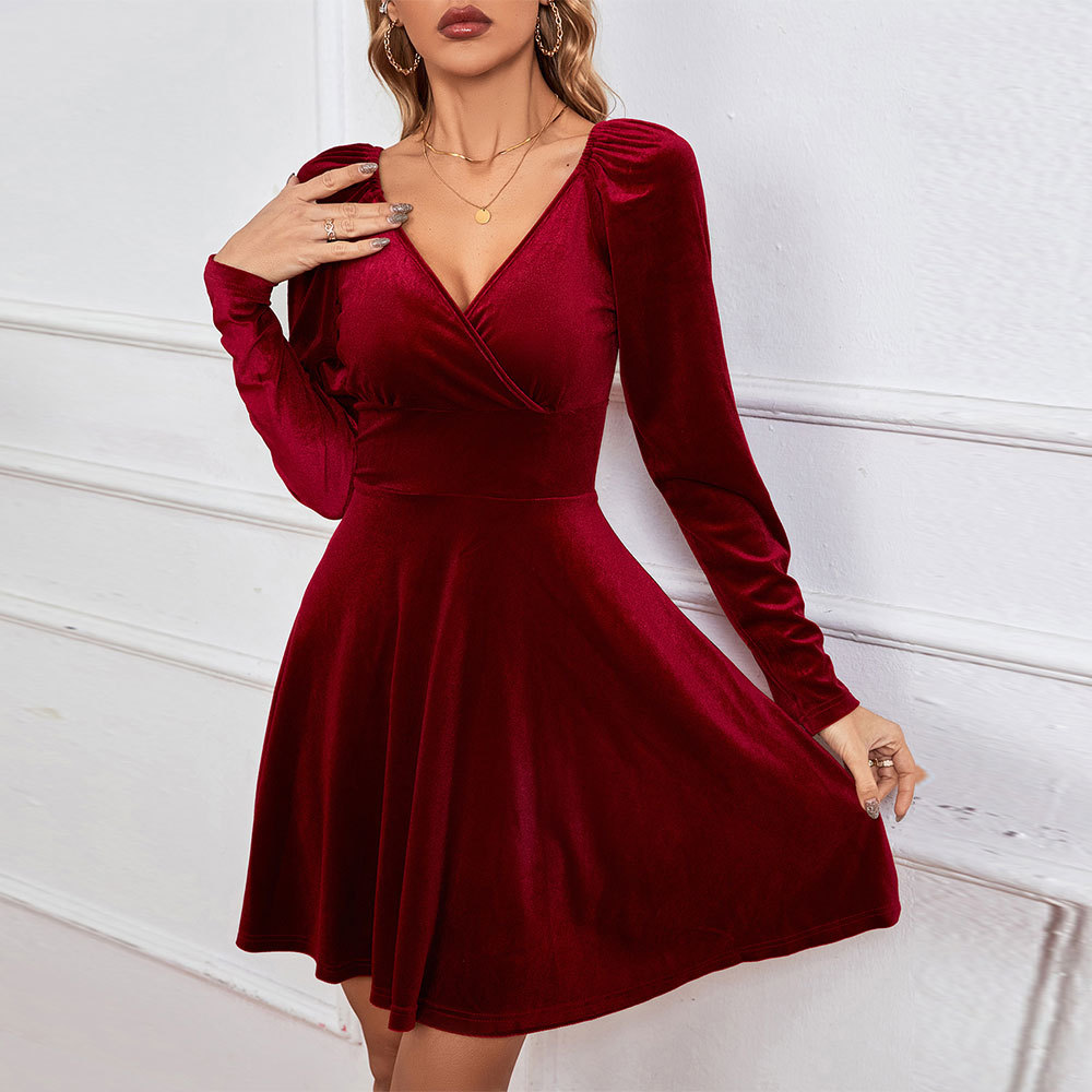Autumn Winter V neck Waist Slim A line Velvet Dress Evening Gown