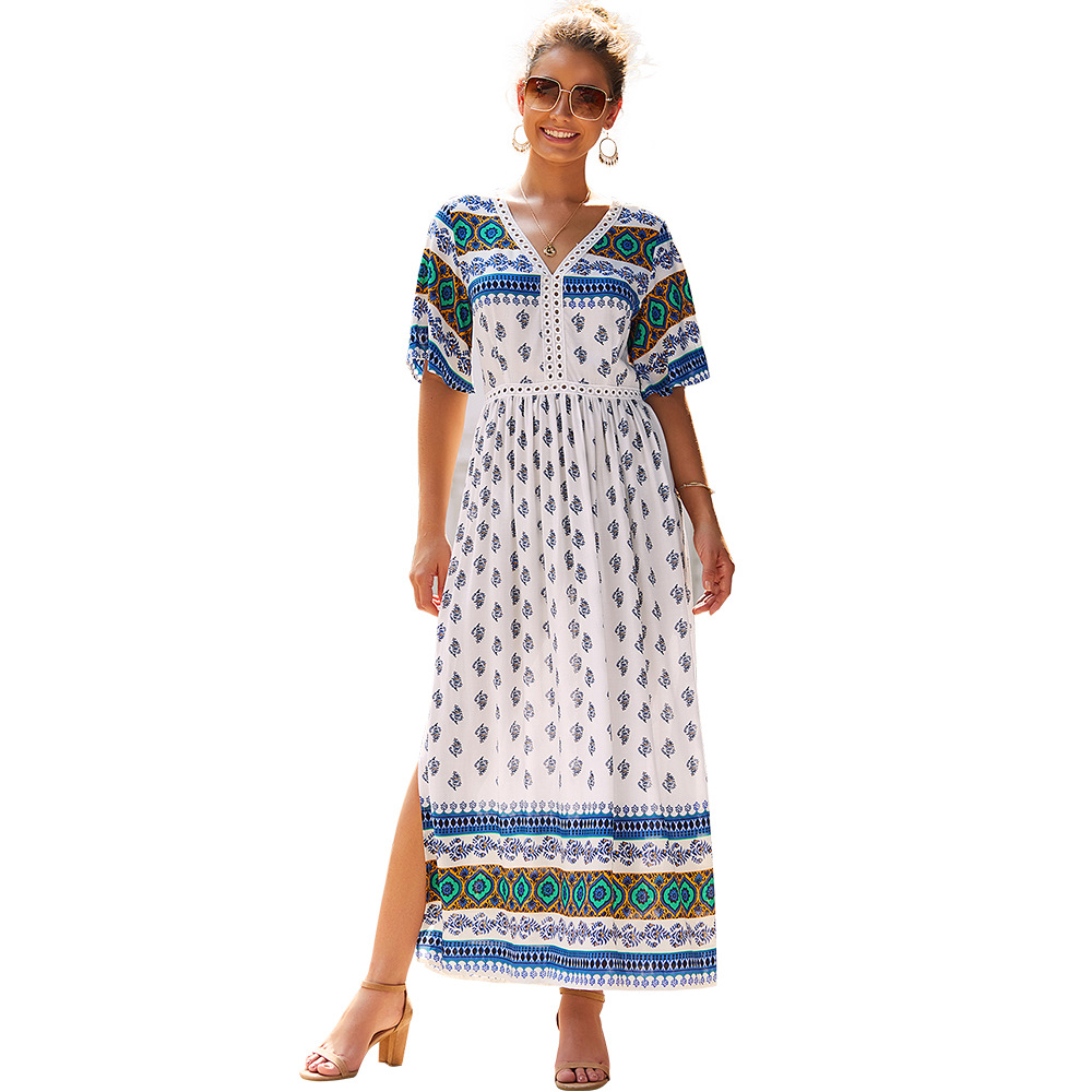 Bohemian Print Dress V Neck Short Sleeve Autumn Style Perfect for Casual Outings Wholesale Available