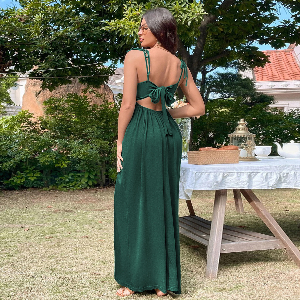 New European and American Style Vacation Beach Long Dress Sexy Backless Waist Slim A line Strap Dress