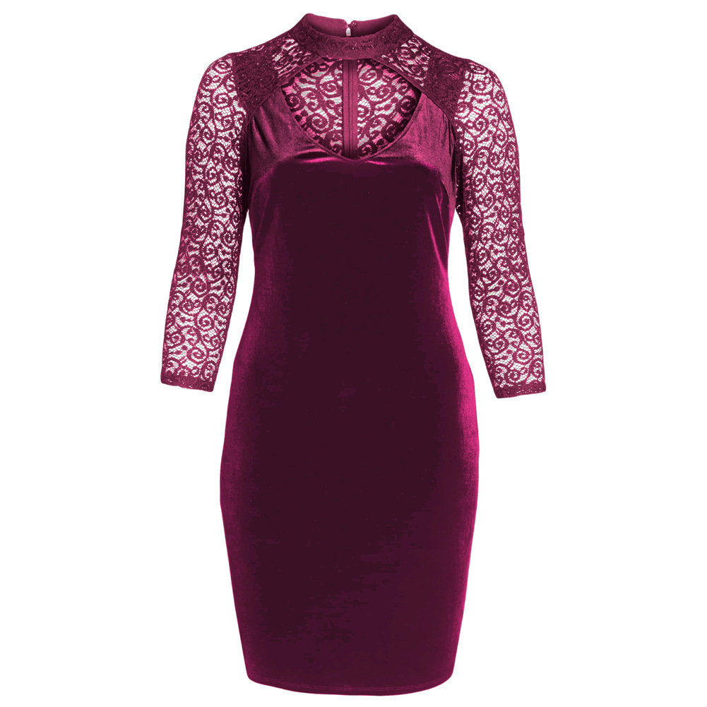 Velvet Evening Dress for Women Lace High Neck Hollow Out Three Quarter Sleeve Bodycon Plus Size Formal Occasion