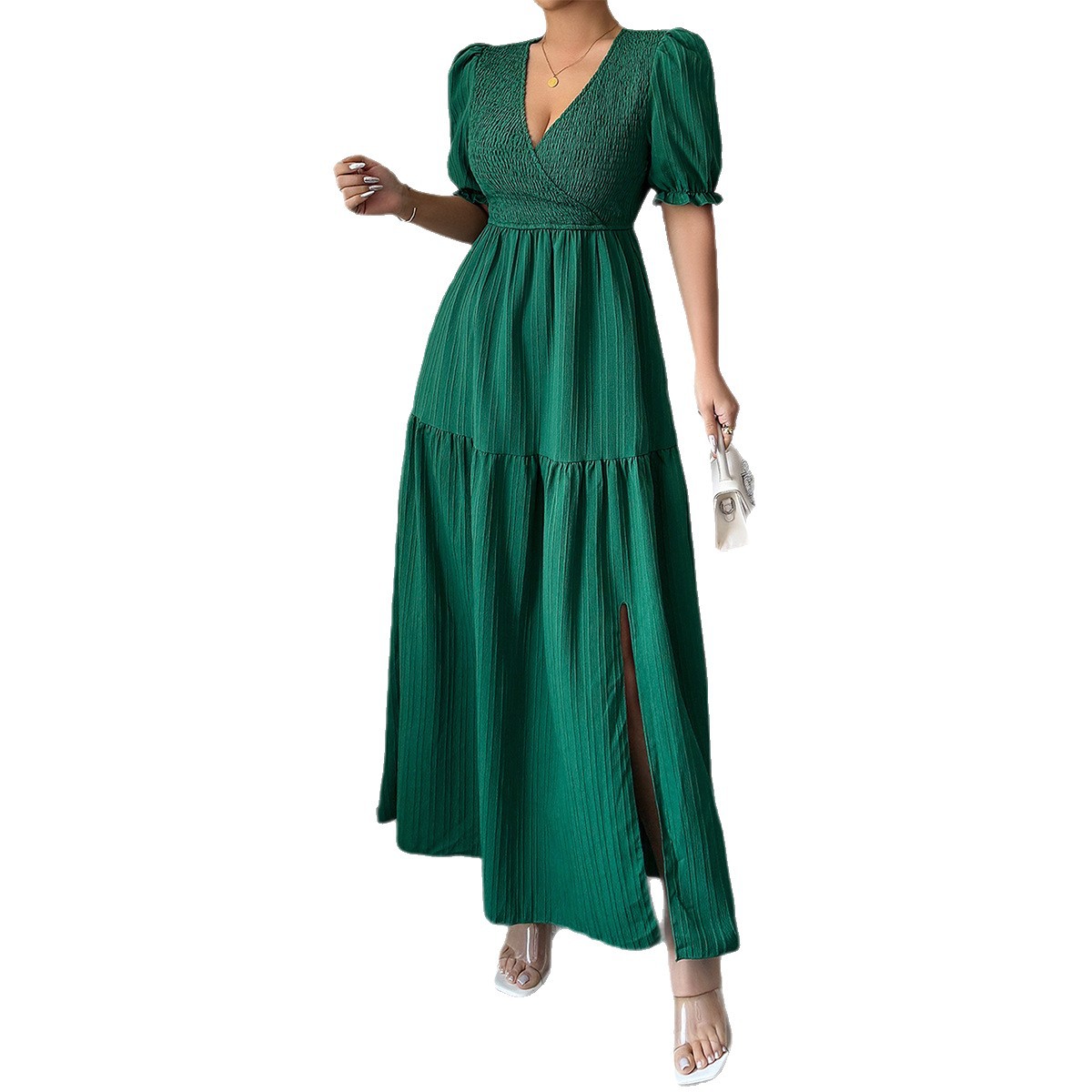 Elegant Solid Color Short Sleeve Long Dress for Women Autumn and Winter