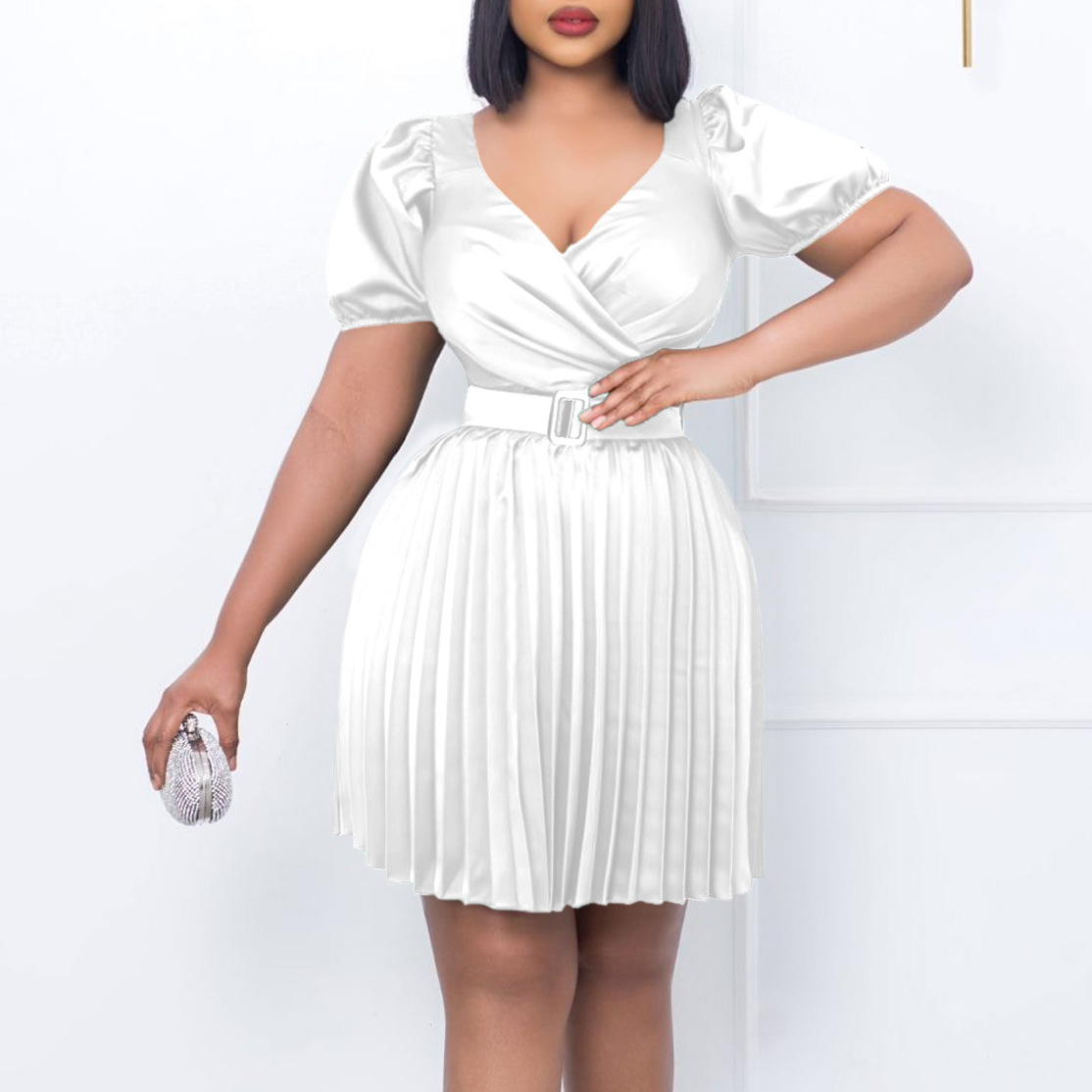 Summer New Women's Fashion V Neck Waist Defined Pleated Dress for Cross Border Style, Elegant European and American Design