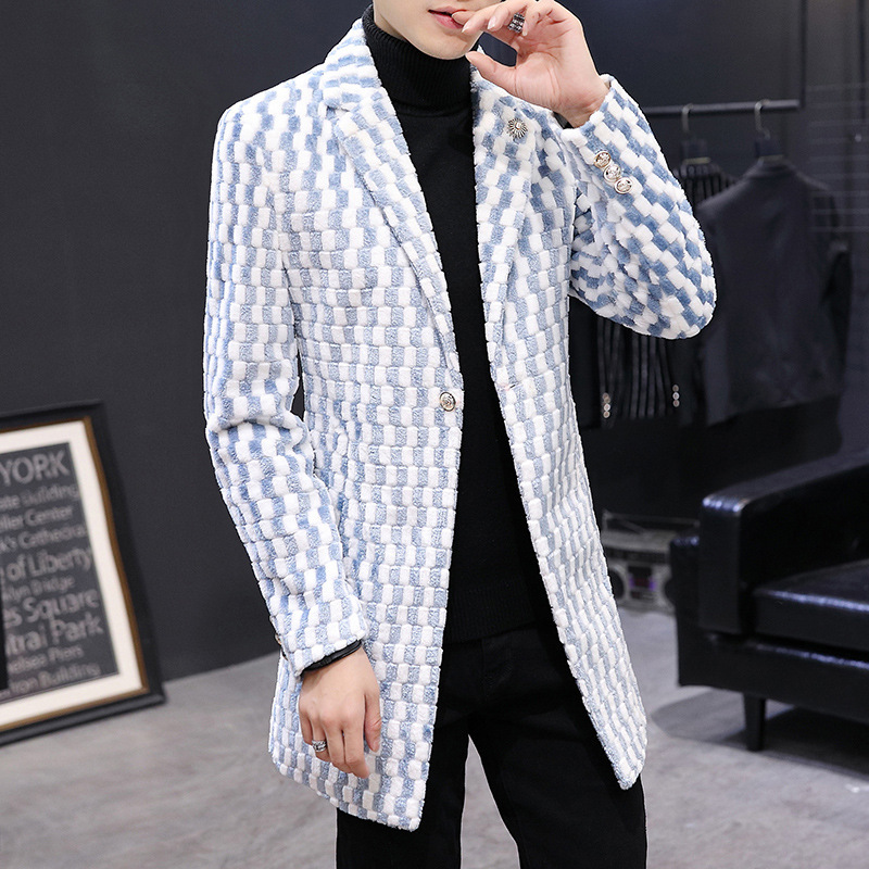 Mens Slim Fit Plaid Blazer Faux Fur Wool Blend Stylish Design Autumn Winter Outerwear Wholesale Available