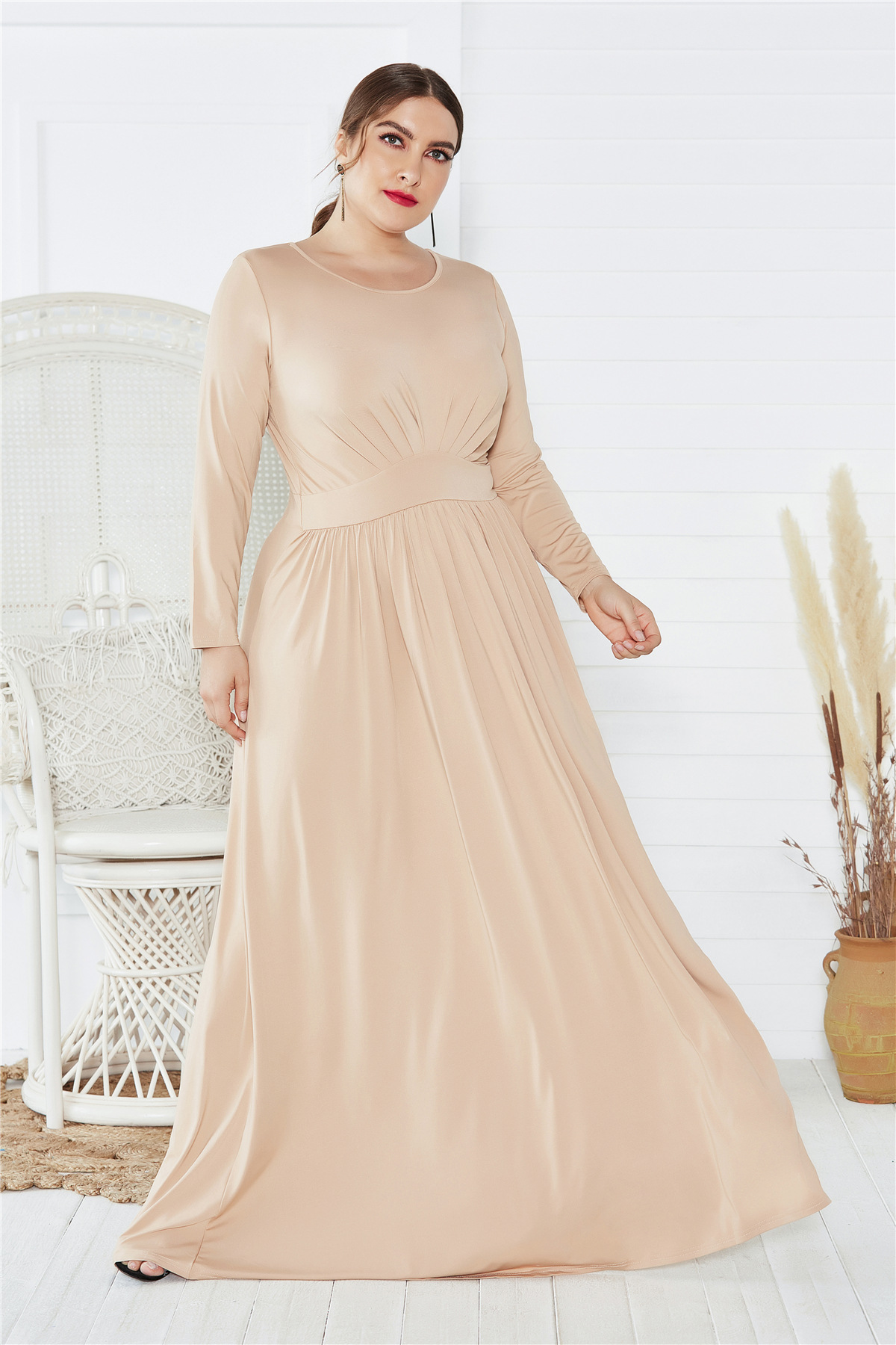 Plus Size Long Sleeve Round Neck Dress Elegant Comfortable Fabric Autumn Winter Style Perfect for Evening Events