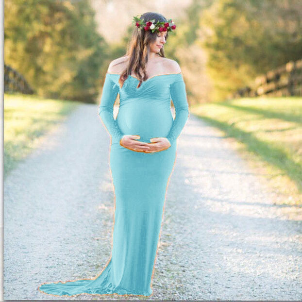 Maternity Long Dress V Neck Silk Cotton Elegant Train Spring Summer Photography Outfit Wholesale Available