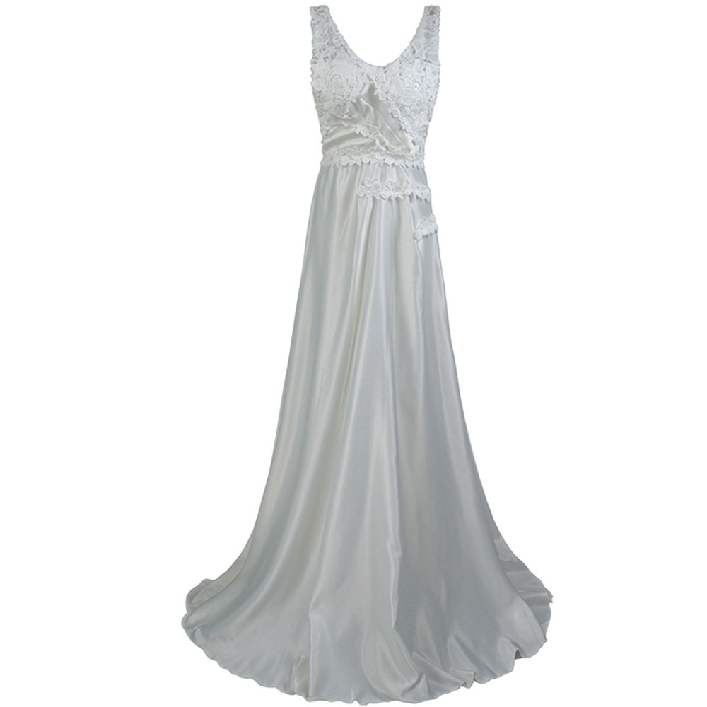 Lace Trimmed Backless Maxi Dress Solid Color Sleeveless Hollow Out Design Elegant Cocktail or Wedding Gown