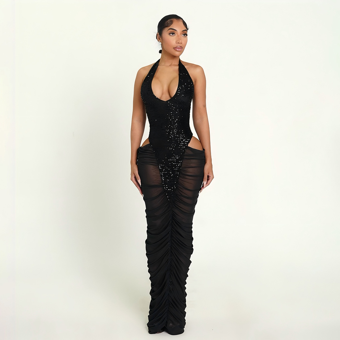 European and American Cross border Autumn and Winter New Women's Fashion Sequin Splicing Sexy Mesh Sheer Ruched Bodycon Dress