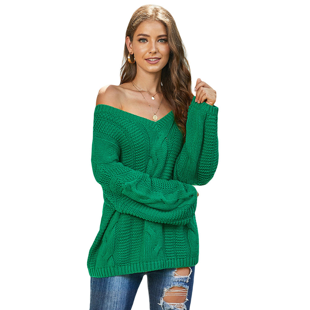 Womens Winter V Neck Sweater Long Sleeve Loose Fit Solid Color Chunky Knit Casual Wear Wholesale Available