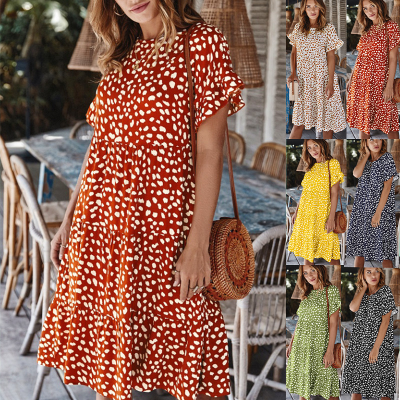 Designer Spring Dress Ruffle Sleeve Polka Dot Elegant Fit Perfect for Casual Outings Wholesale Available