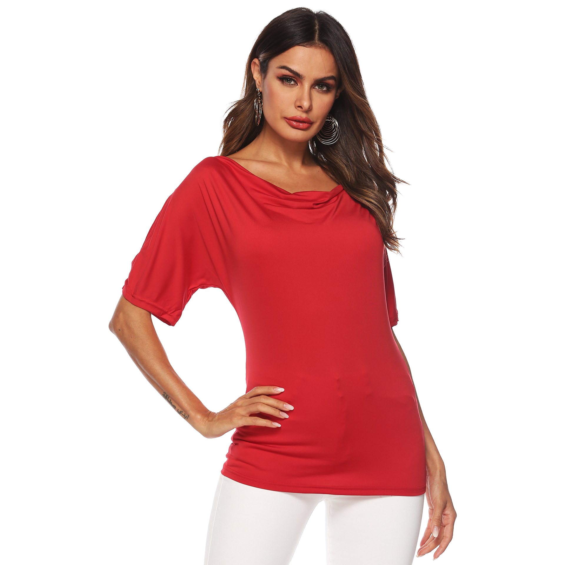 Plain Color Short Sleeve T Shirt Round Neck Off Shoulder Casual Style Perfect for Summer Wear Wholesale Available