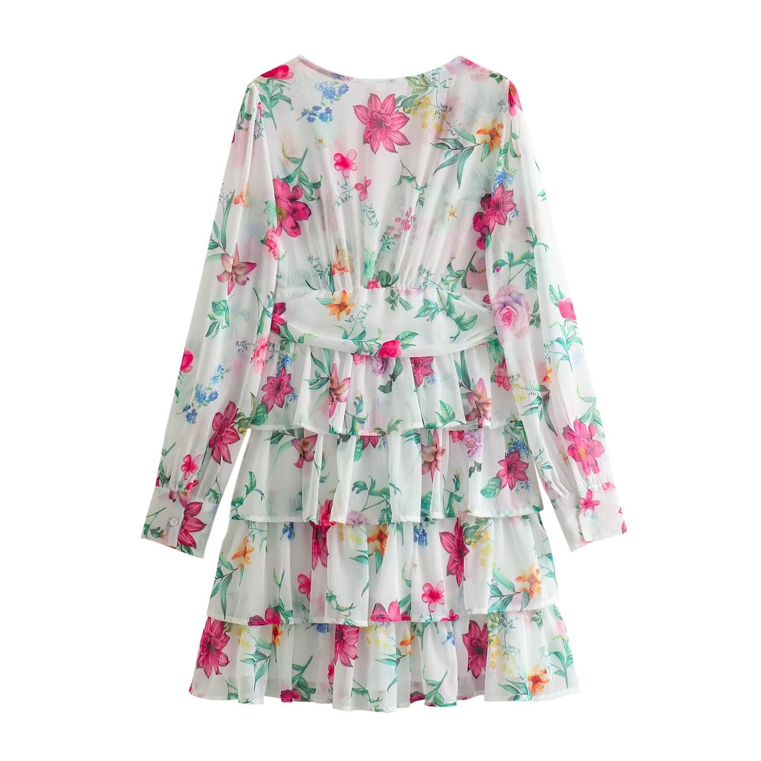 Fashionable Womens A Line Dress V Neck Floral Print Layered Design Waist Defining Spring Summer Collection