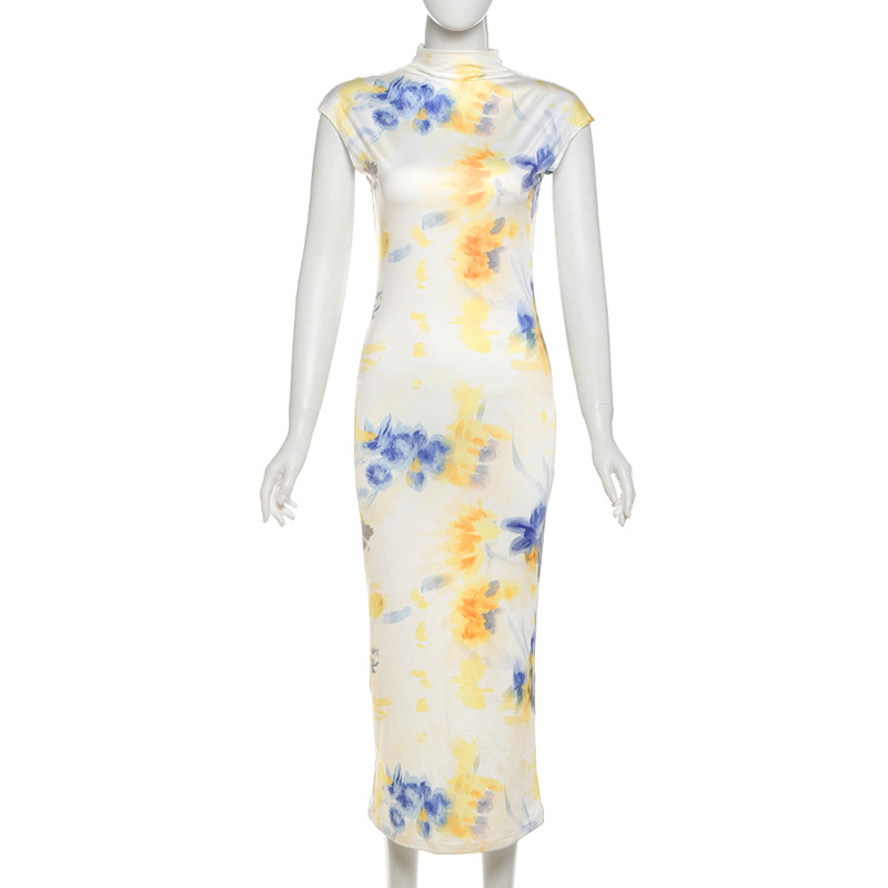 Elegant Floral Color block Printed Half high Neck Short Sleeve Bodycon Dress for Women Spring Summer