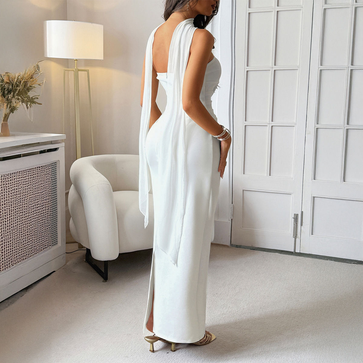 Elegant Tie up Solid Color Bodycon Dress for Women Autumn Winter