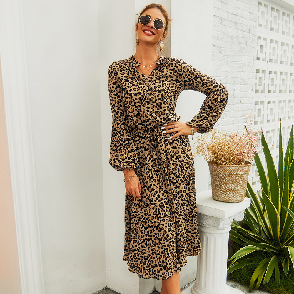 Leopard Print Long Sleeve Midi Dress Spring Summer Collection Casual Wear for Women Ready to Ship