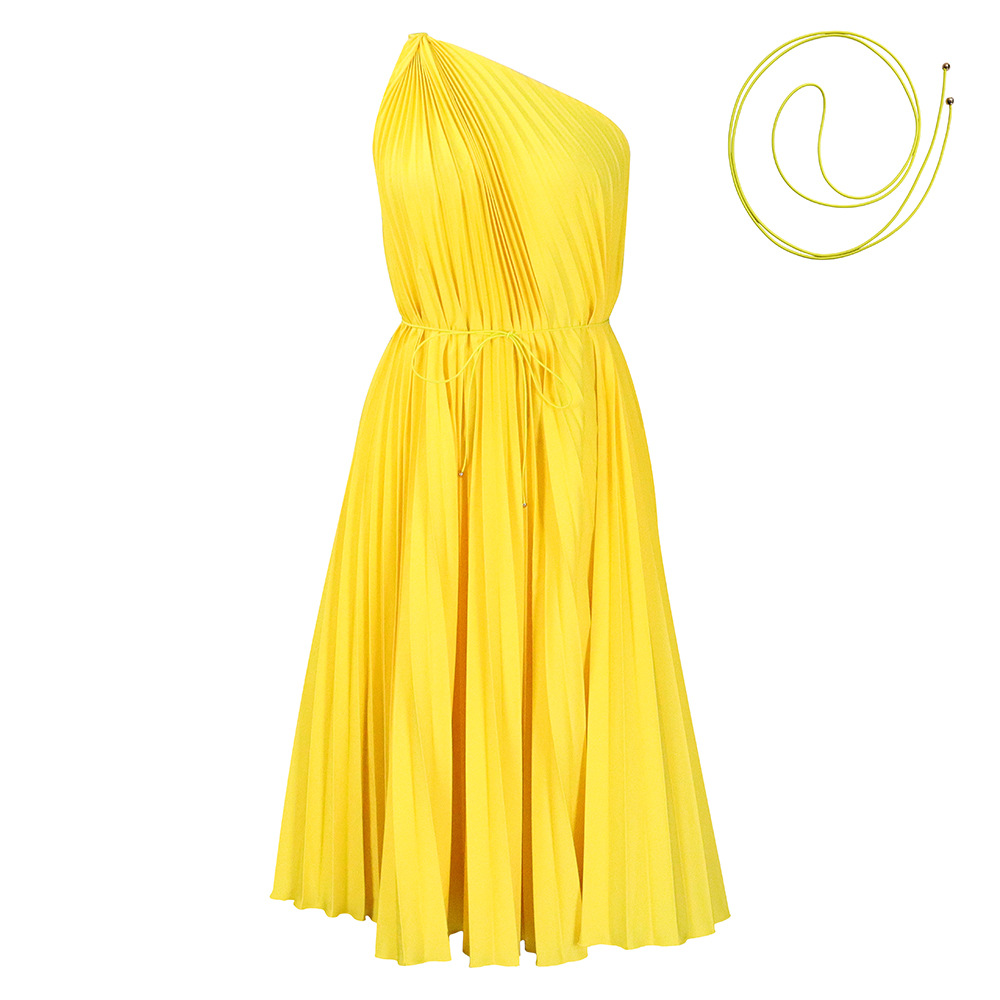 D3208 Plus Size Women's Dress Summer New Pleated Asymmetrical Large Hem Tie Solid Color European and American Dress