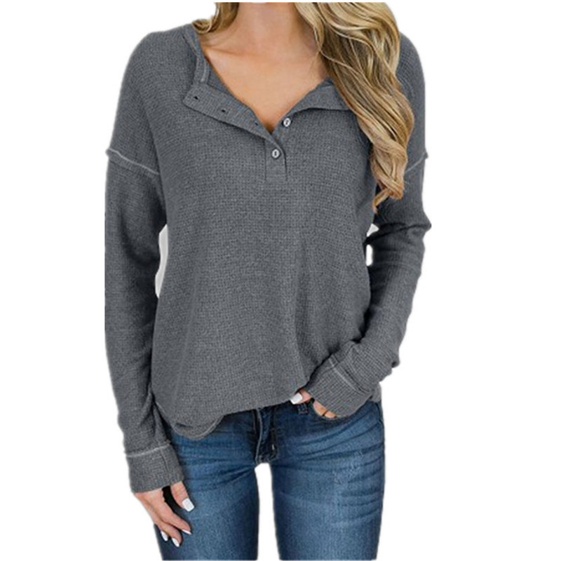 Waffle Knit Long Sleeve T Shirt for Women V Neck Button Detail Casual Style Wholesale Available