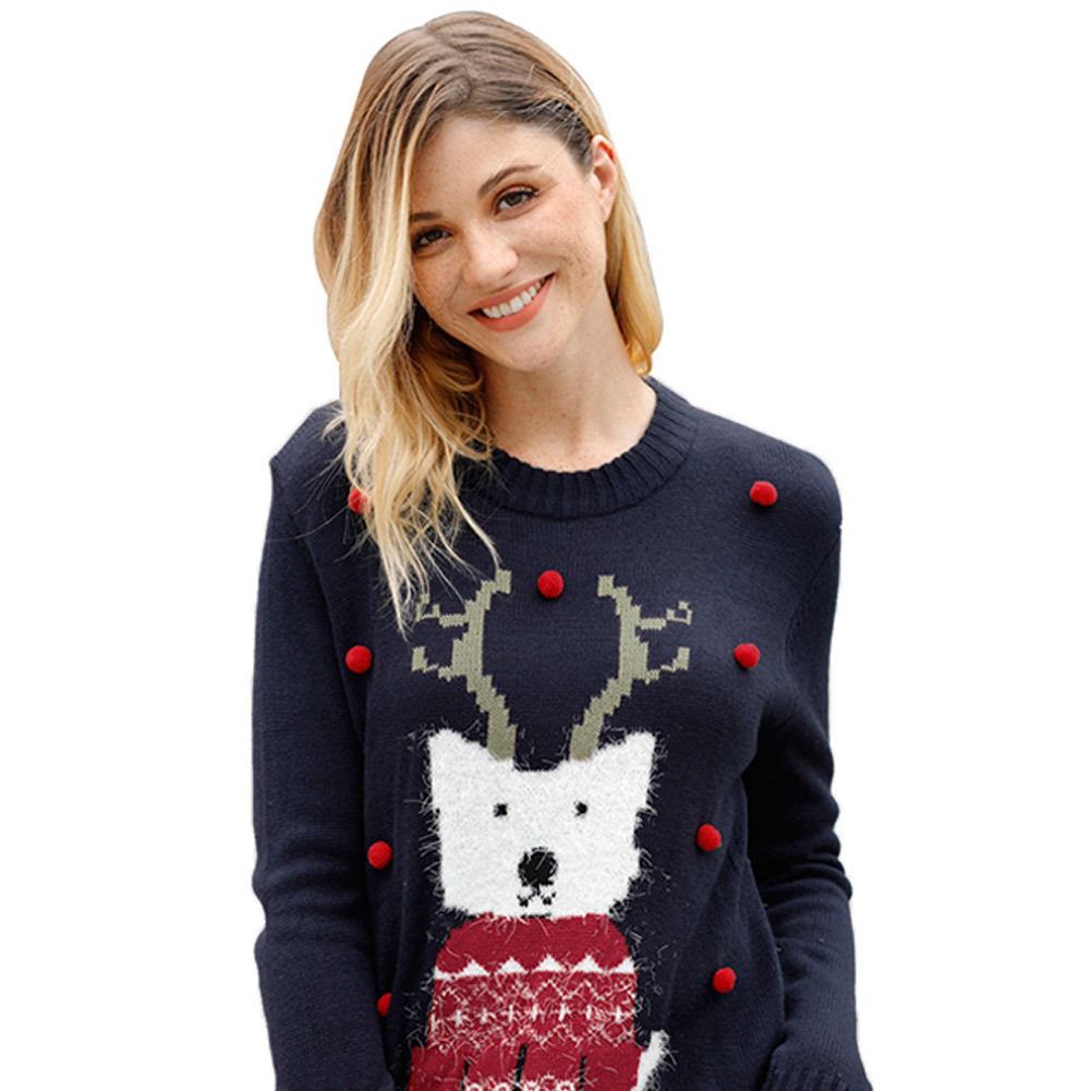 Womens Christmas Cartoon Reindeer Sweater Autumn Winter Round Neck Knitted Casual Style Wholesale Available