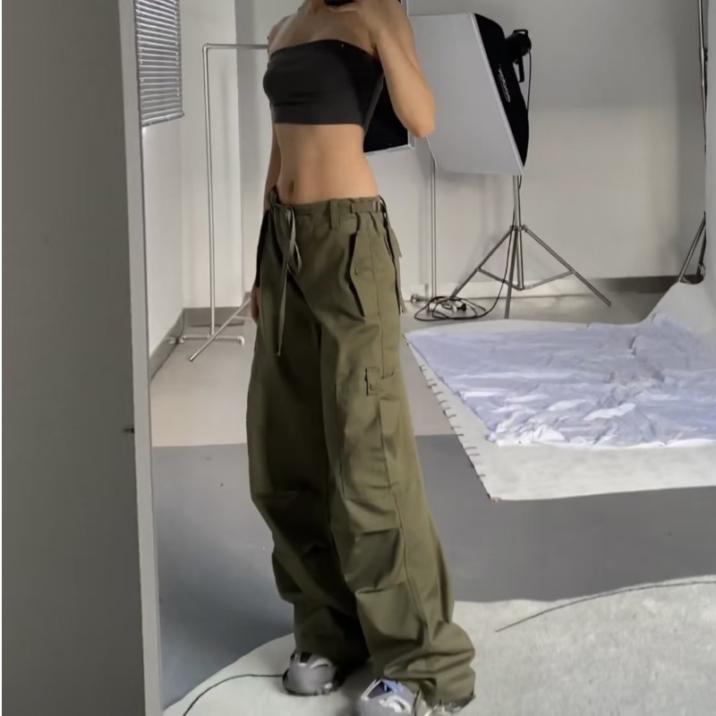 Vintage American Style Multi Pocket Cargo Pants for Women Loose Fit Drawstring Cuffs Casual Streetwear Wholesale