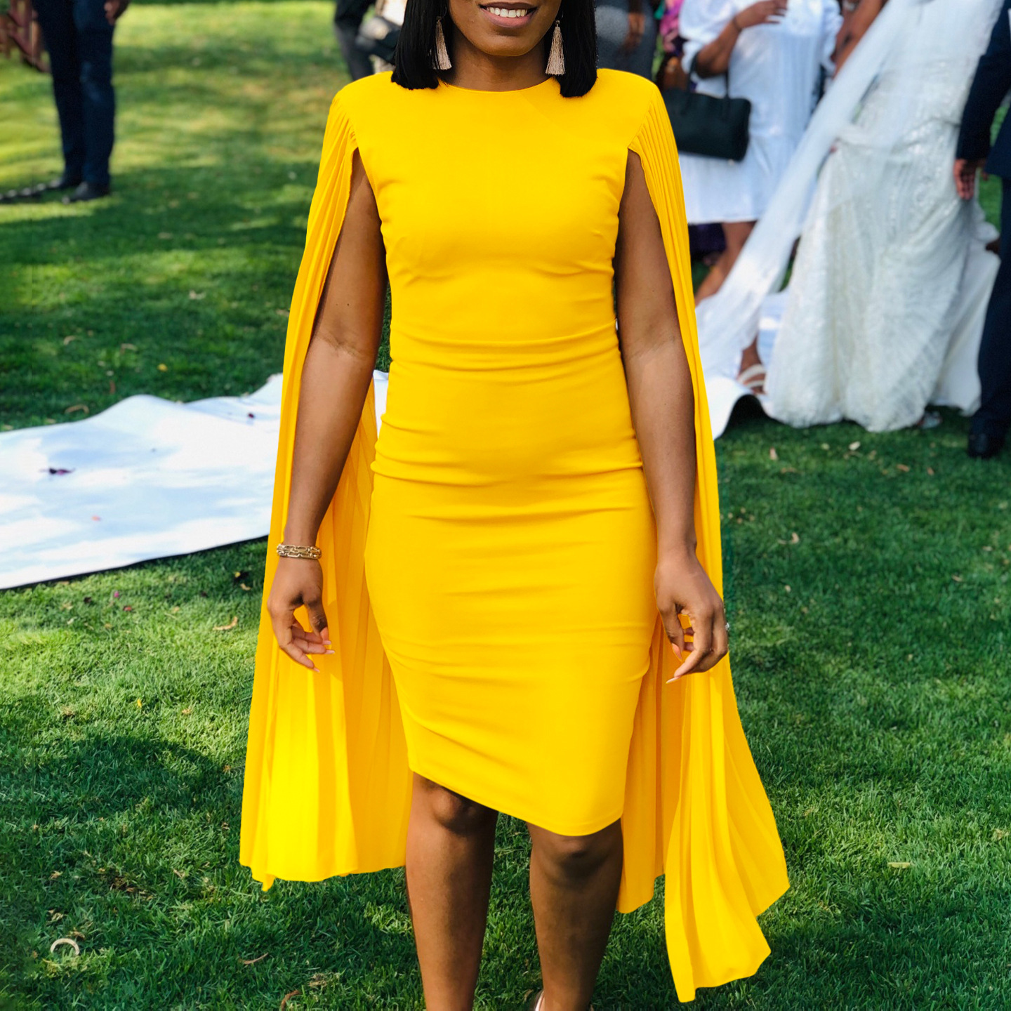 Fashionable Solid Color Round Neck Pleated Cape Evening Dress for Women, Perfect for Parties and Formal Events