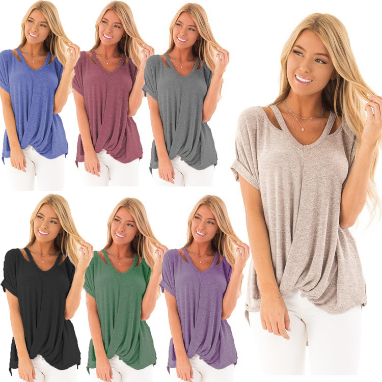Womens Twist Knot Off Shoulder Short Sleeve T Shirt Summer Style Casual Fit Soft Fabric Wholesale Available