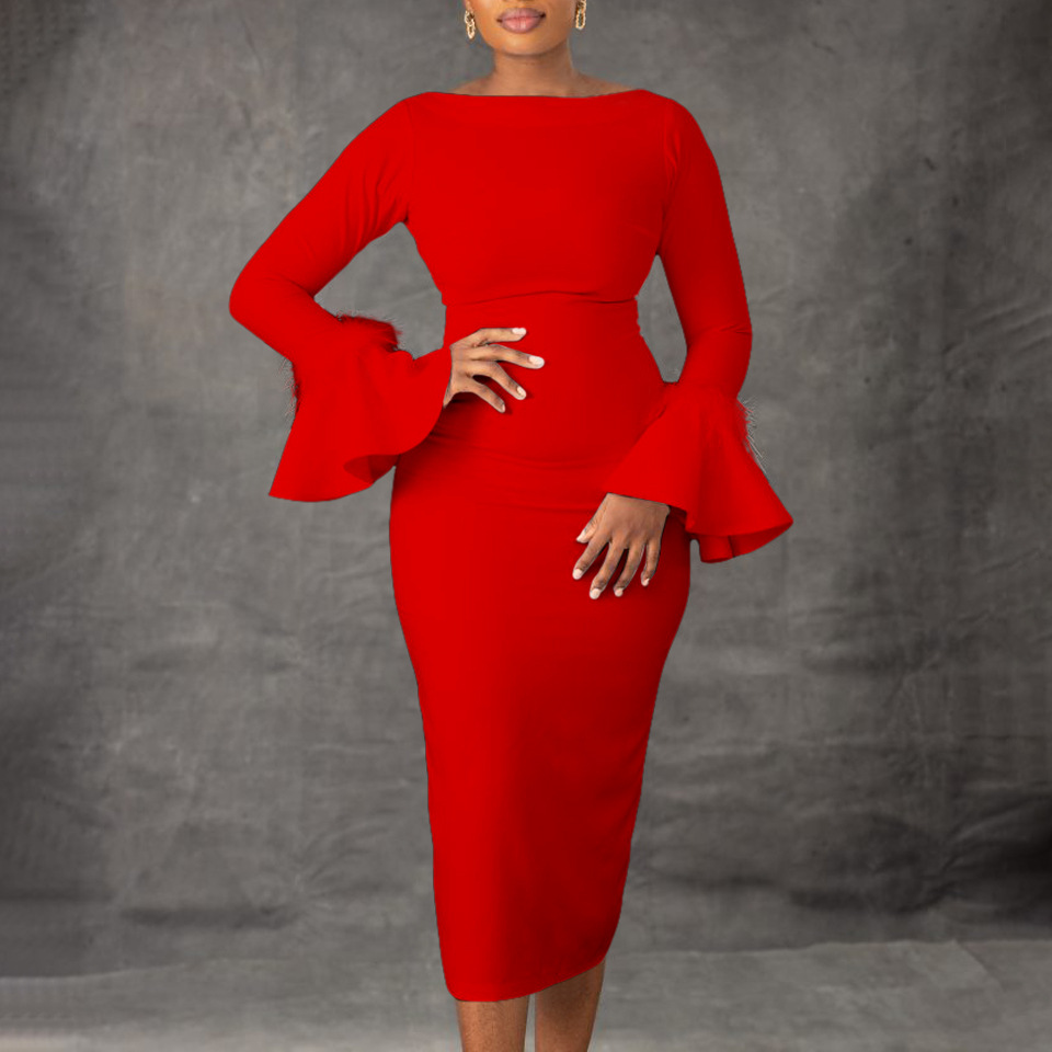 Fashionable Solid Color Bodycon Dress with Flared Sleeves for Women, Perfect for Office Wear, Winter Collection, African Style