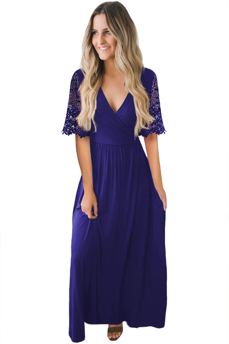 Lace Maxi Dress for Women V Neck Half Sleeve Hollow Out Floral Print Evening Party Wear Wholesale Available