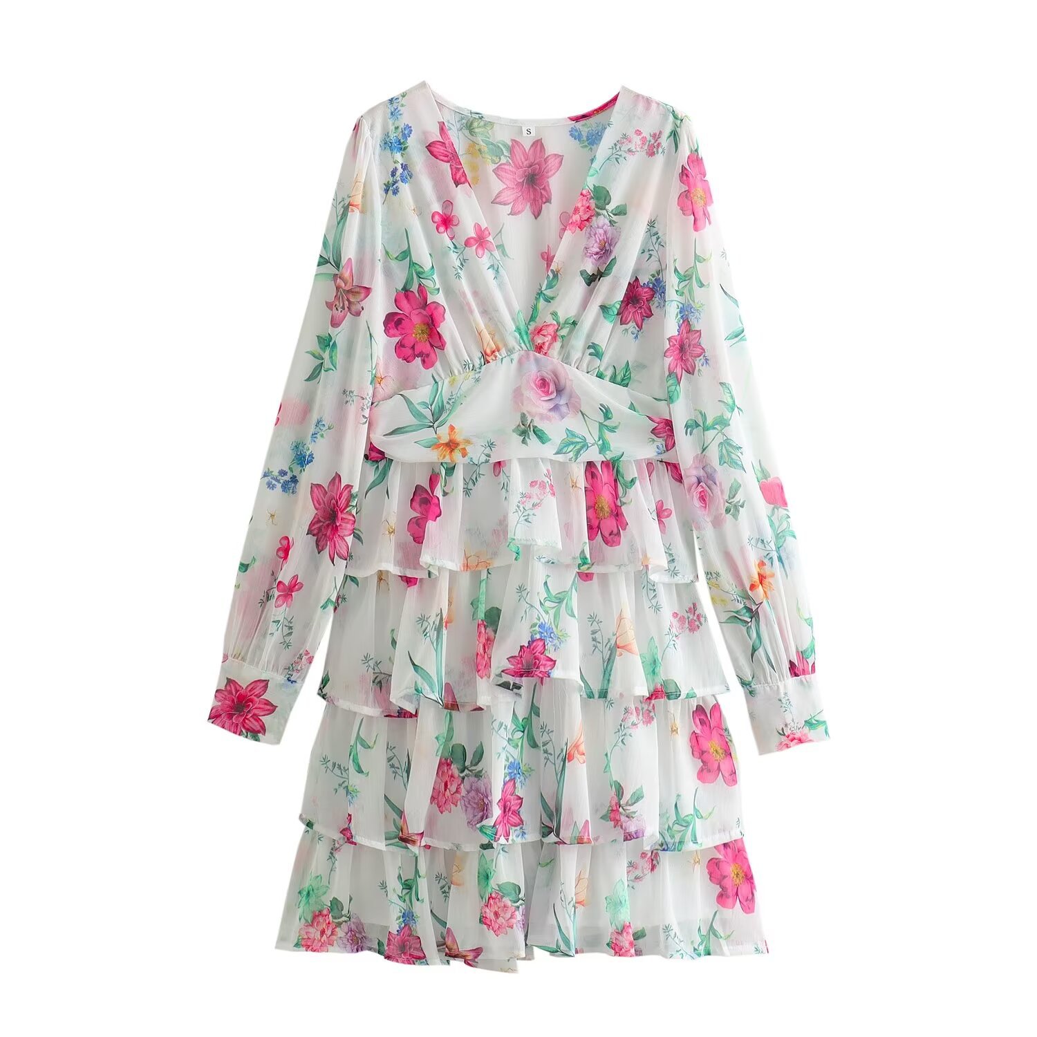 Fashionable Womens A Line Dress V Neck Floral Print Waist Defined Layered Design Spring Summer Occasion