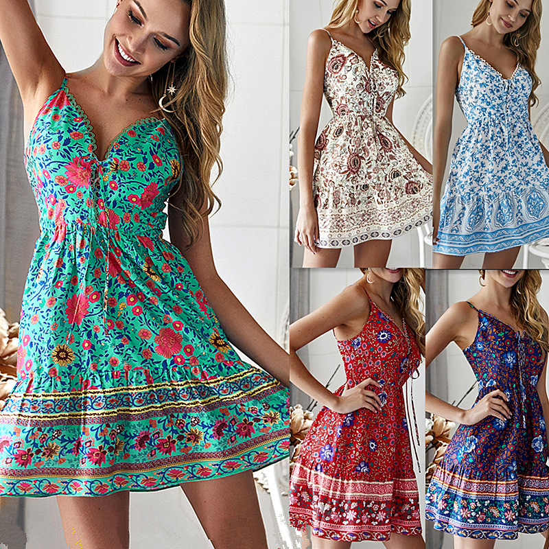 Bohemian V Neck Maxi Dress Summer Style Sleeveless Lightweight Fabric Perfect for Beach or Casual Outings Wholesale