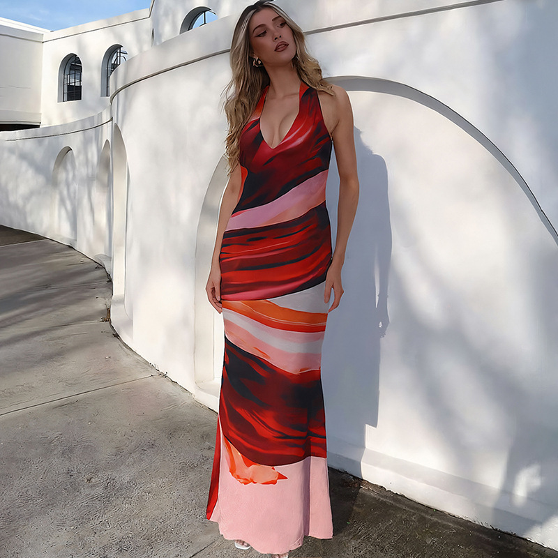 Fashionable Spring Women's Dress with Sexy Halter Neck, Backless Design, Color Block Print, and Bodycon Maxi Length
