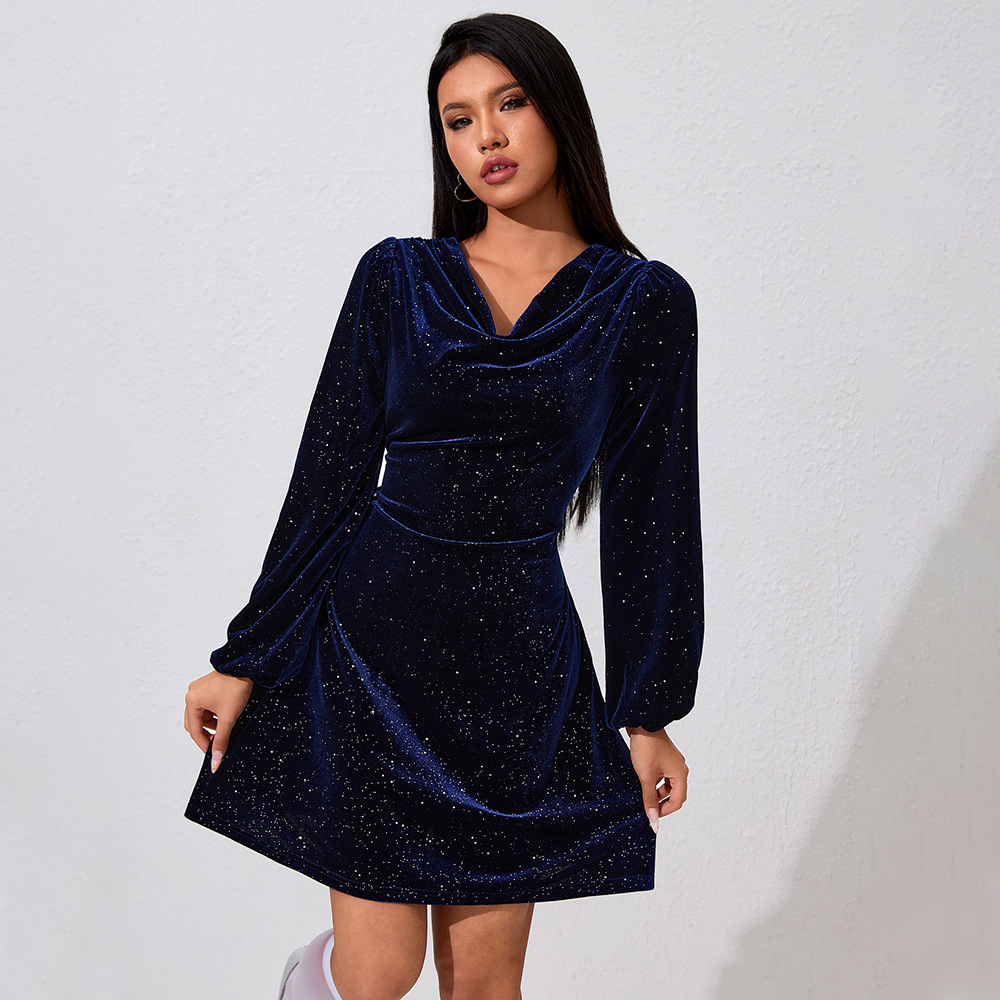 Cross border European and American Women's Velvet Dress with Starry Sequins Design Mini Skirt for Autumn and Winter New Style
