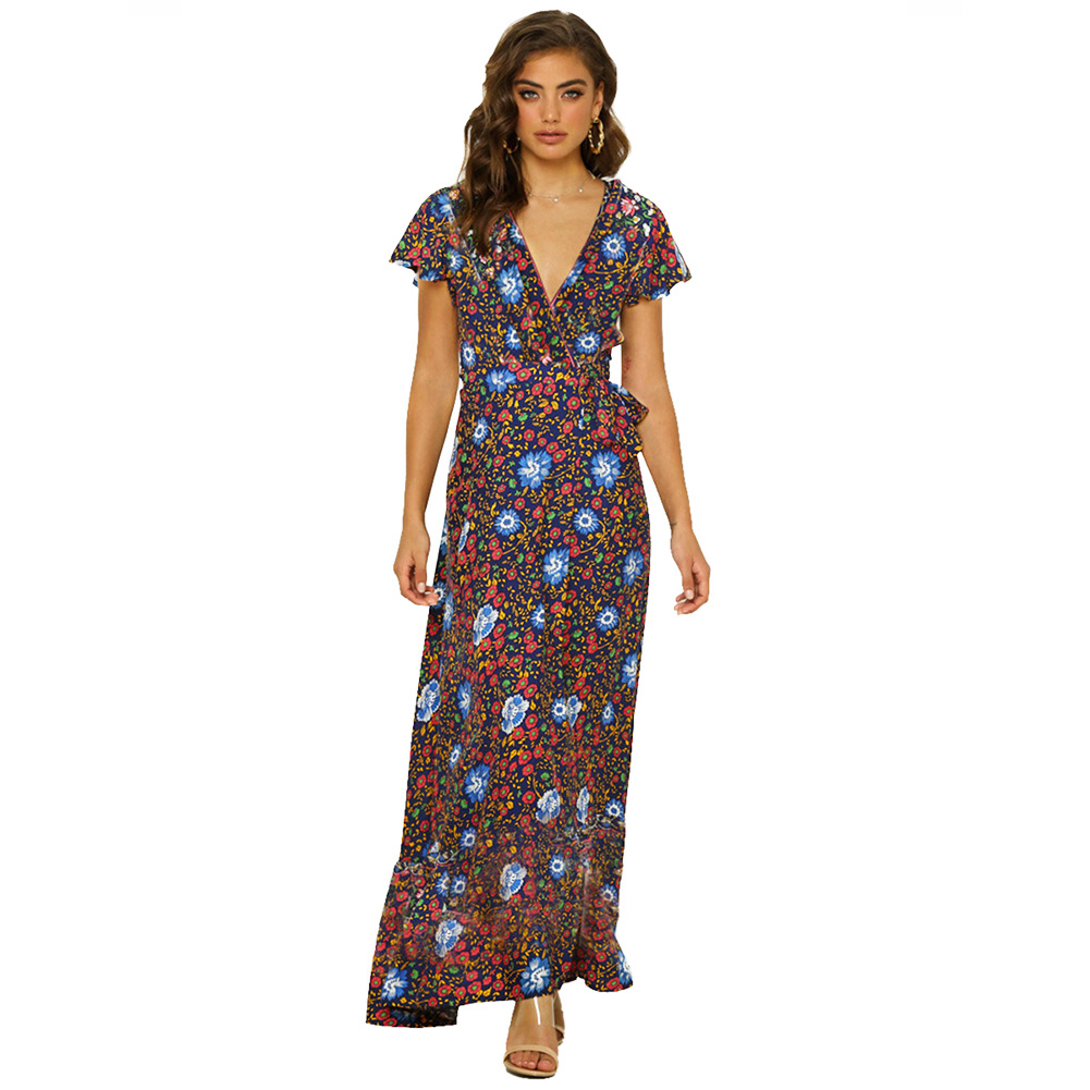 Bohemian Floral Maxi Dress V Neck Tie Detail Summer Style Perfect for Beachwear or Casual Outings Wholesale