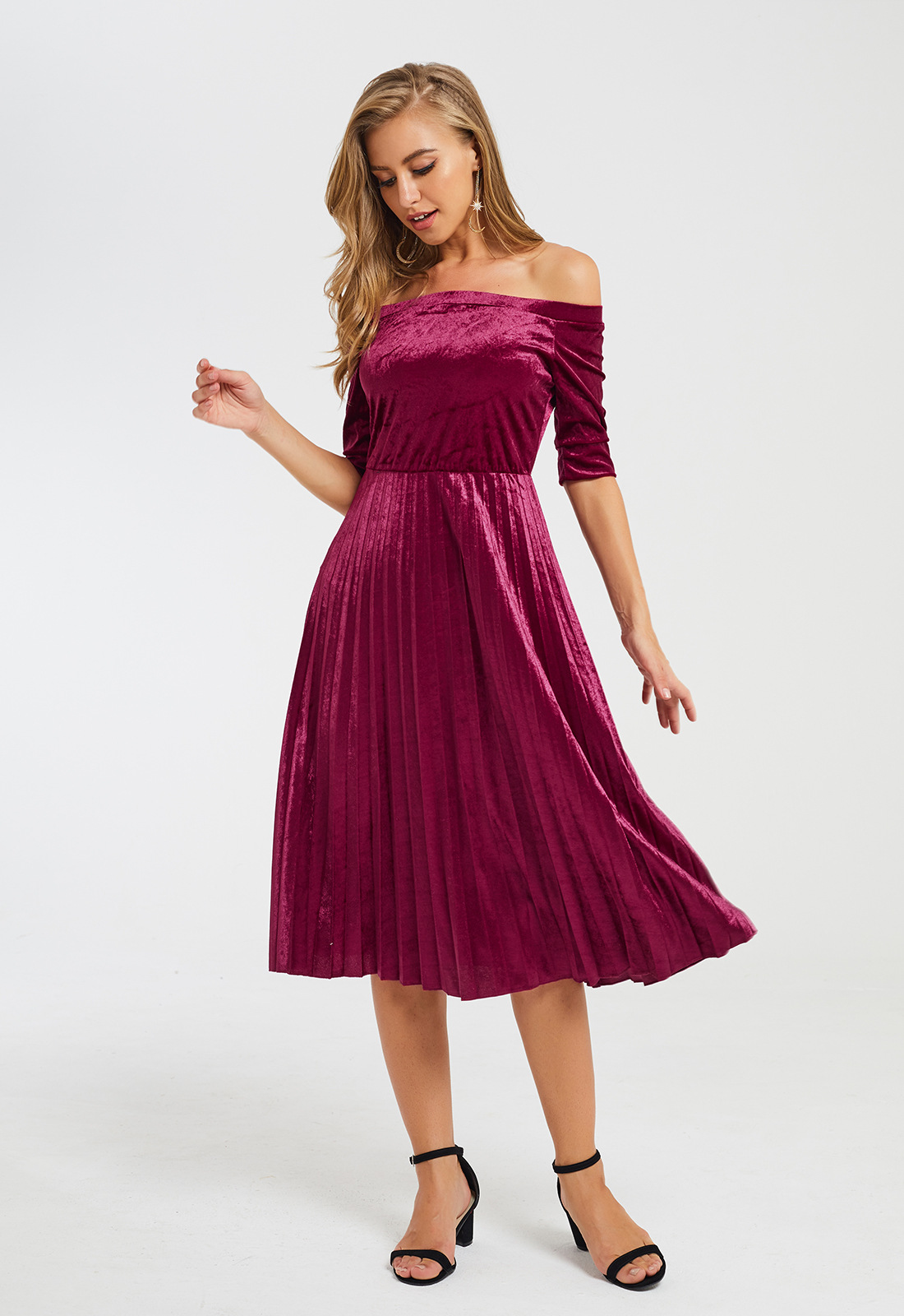 Off Shoulder Pleated Velvet Maxi Dress Four Quarter Sleeve Elegant Design Perfect for Parties and Special Occasions