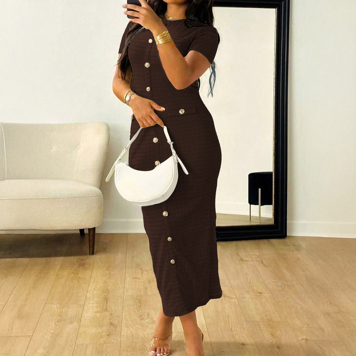 Elegant Button Short Sleeve Bodycon Dress for Women Autumn Winter