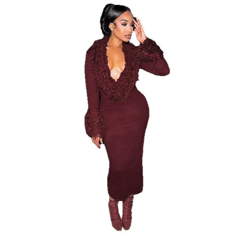 European and American Cross border Autumn and Winter New Women's Fringed Long Sleeve Sexy Deep V neck Solid Color Knitted Bodycon Dress