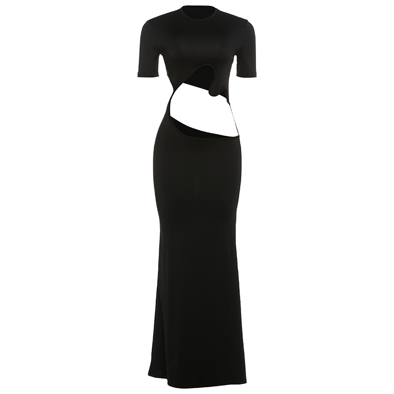 Spring New Women's Fashion Sexy Hollow Out Round Neck Slim Fit Solid Color Short Sleeve Bodycon Dress for Cross Border Markets