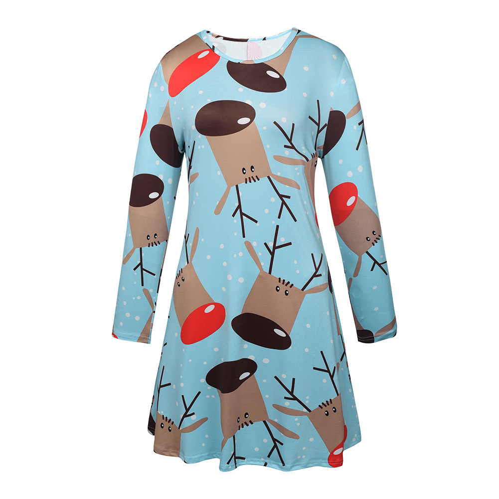 Womens Christmas Print Dress Round Neck Long Sleeve Snowman Design Autumn Winter Style Wholesale Available