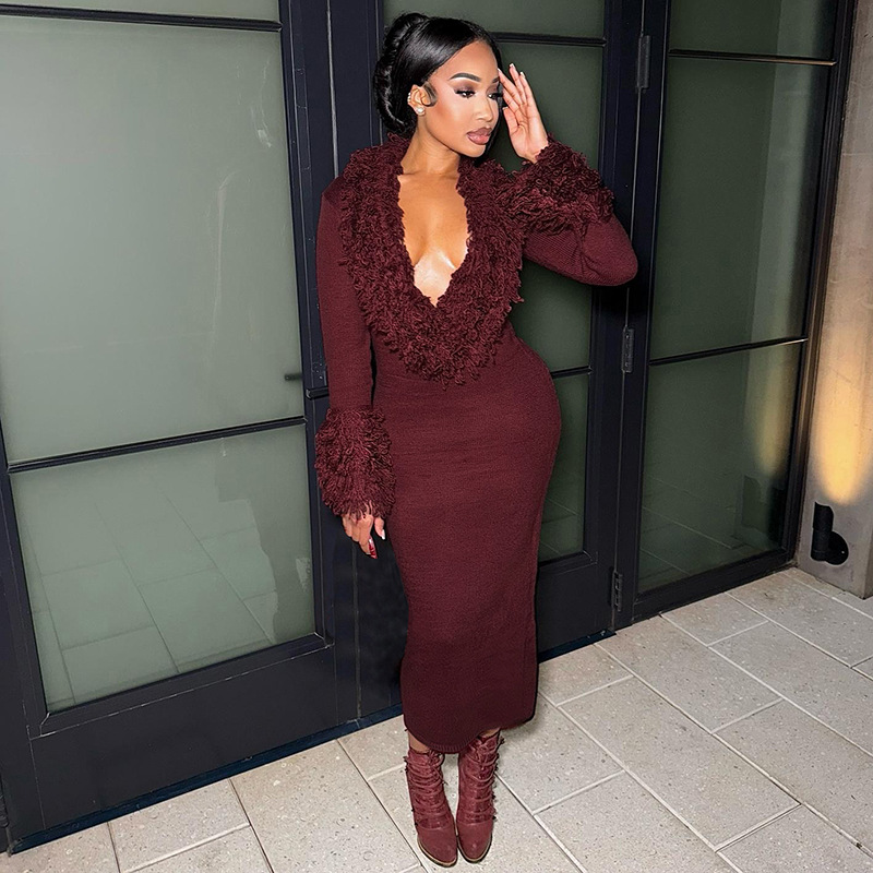 European and American Cross border Autumn and Winter New Women's Fringed Long Sleeve Sexy Deep V neck Solid Color Knitted Bodycon Dress