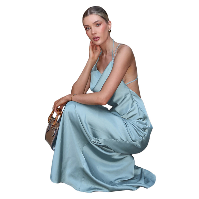 New Spring Women's Fashion Sexy Backless Solid Color Long Dress with Neck Hanging 3D Decoration for Trendy Style