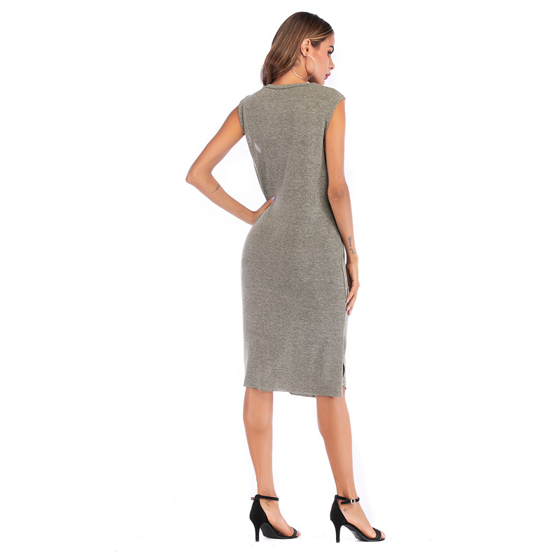 Womens Summer Dress Solid Color Simple Design Knot Detail Midi Length Asymmetrical Hem Perfect for Casual