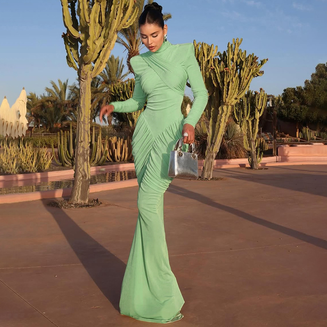 Fashionable Women's High Neck Solid Color Long Sleeve Backless Ruched Bodycon Dress for Autumn and Winter Season